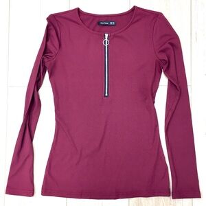 OwnTime maroon ribbed knit top blouse shirt quarter zip zipper athlesiure soft